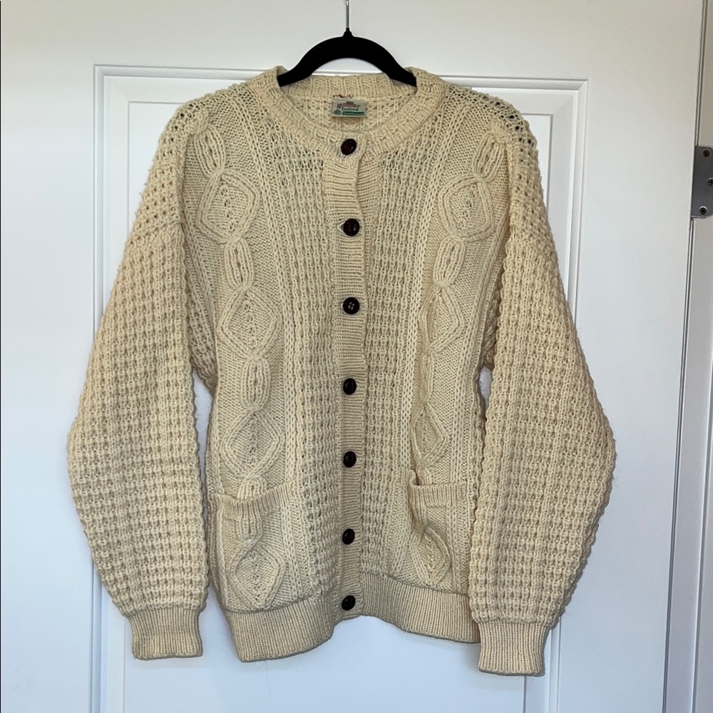 Bonner of Ireland 100% Pure Wool Cream Knit Cardigan with Wooden Button Front